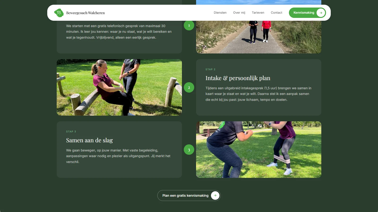 De werkwijze in drie stappen op donkergroen, afgewisseld met foto's van trainingen buiten