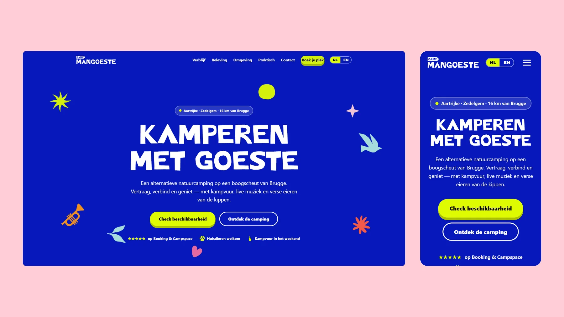 De homepage van Camp Mangoeste op desktop en mobiel, witte blokletters op kobaltblauw