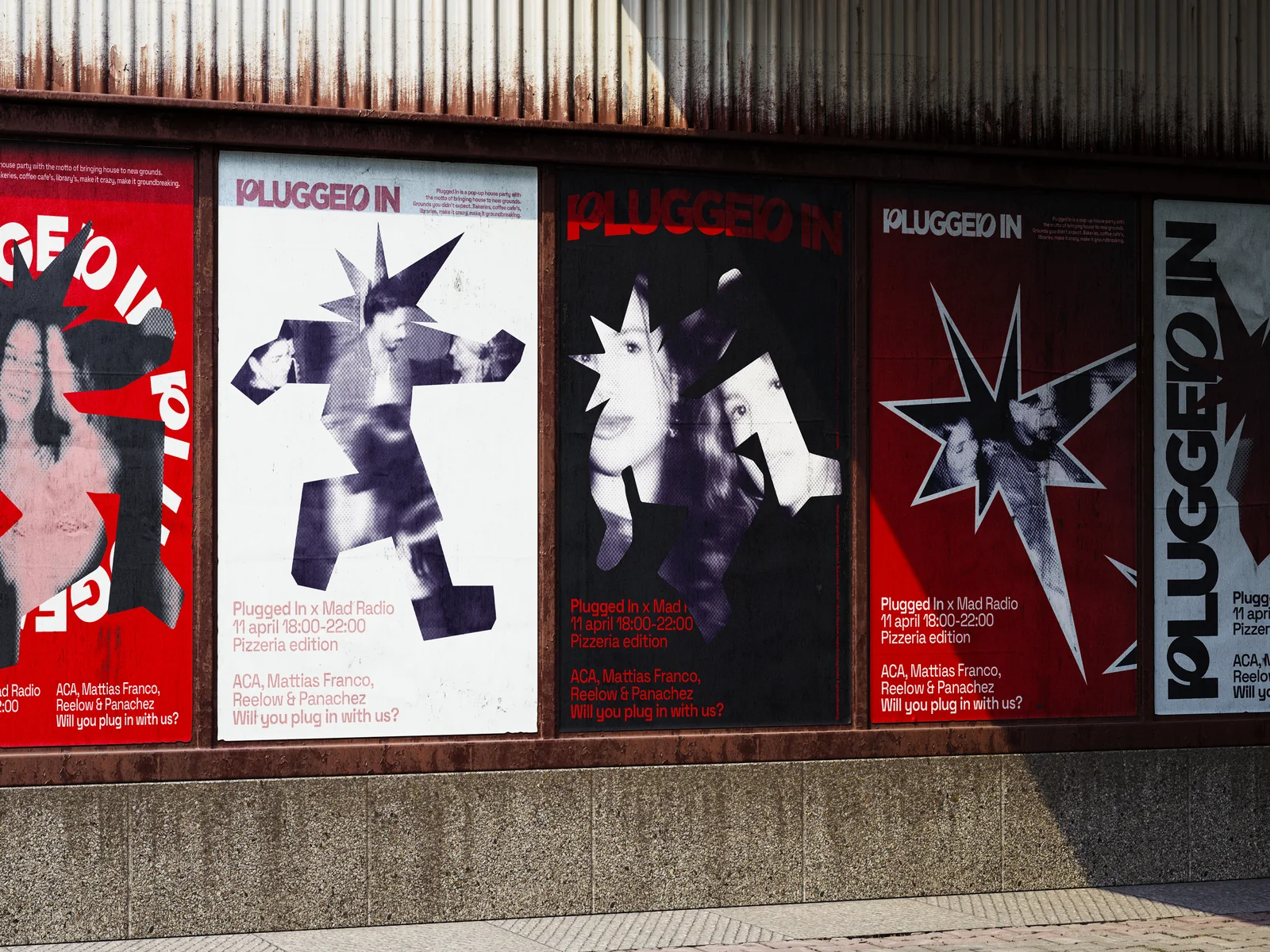 Posterwand van Plugged In op straat, hetzelfde merk op elk affiche