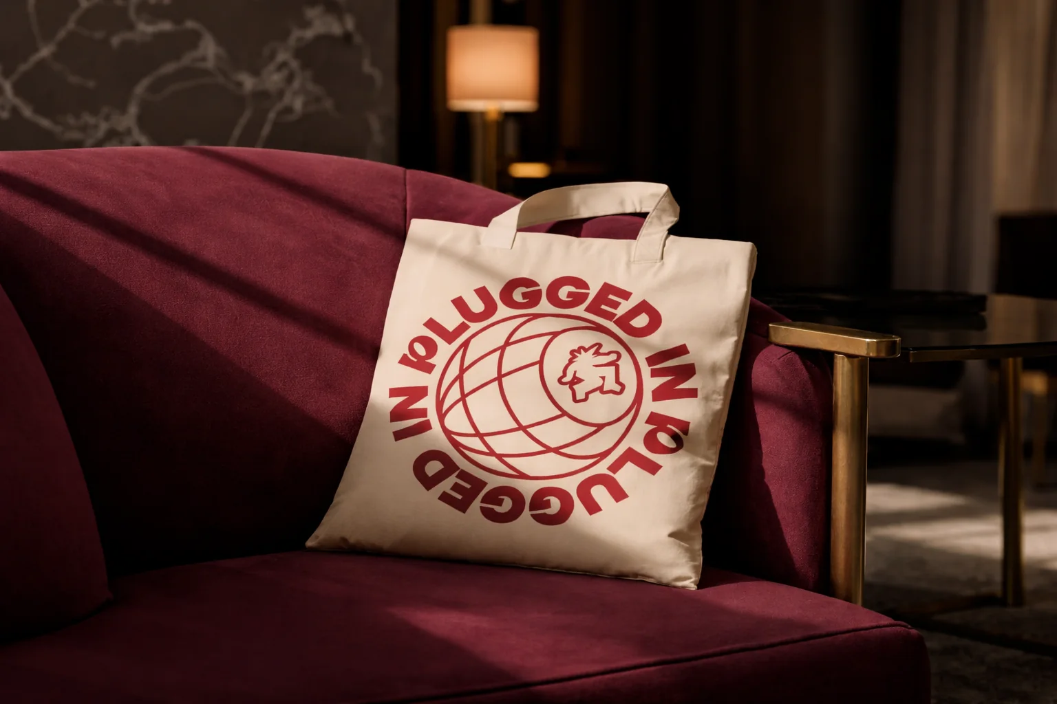Een linnen tas met het ronde Plugged In-embleem in rood op een donkerrode bank